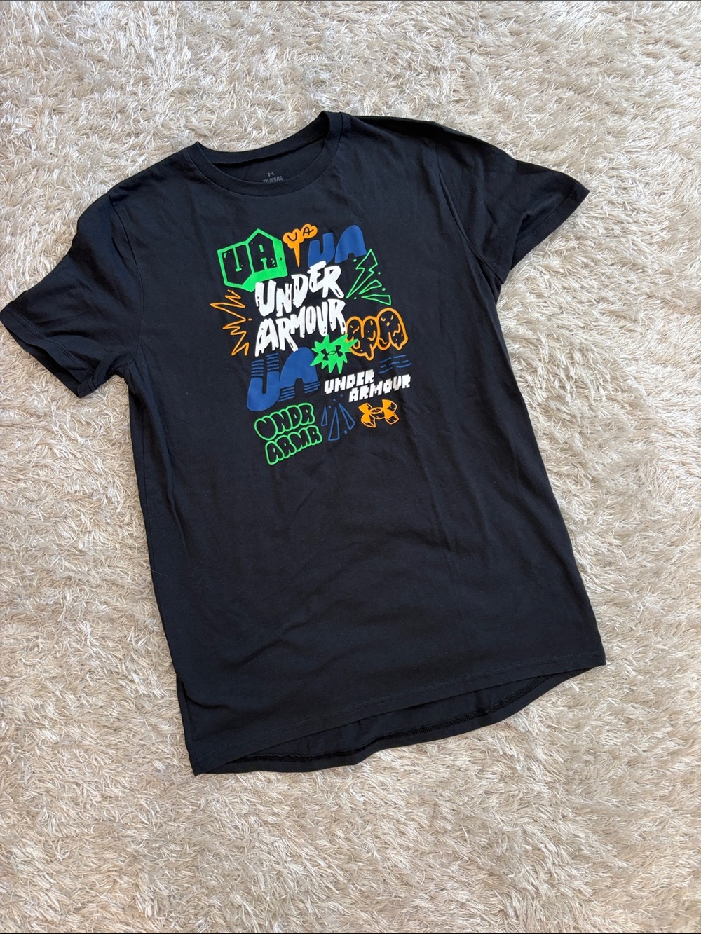 Under Armour Black Short Sleeve Graphic Tee with Neon Green, Blue & Orange